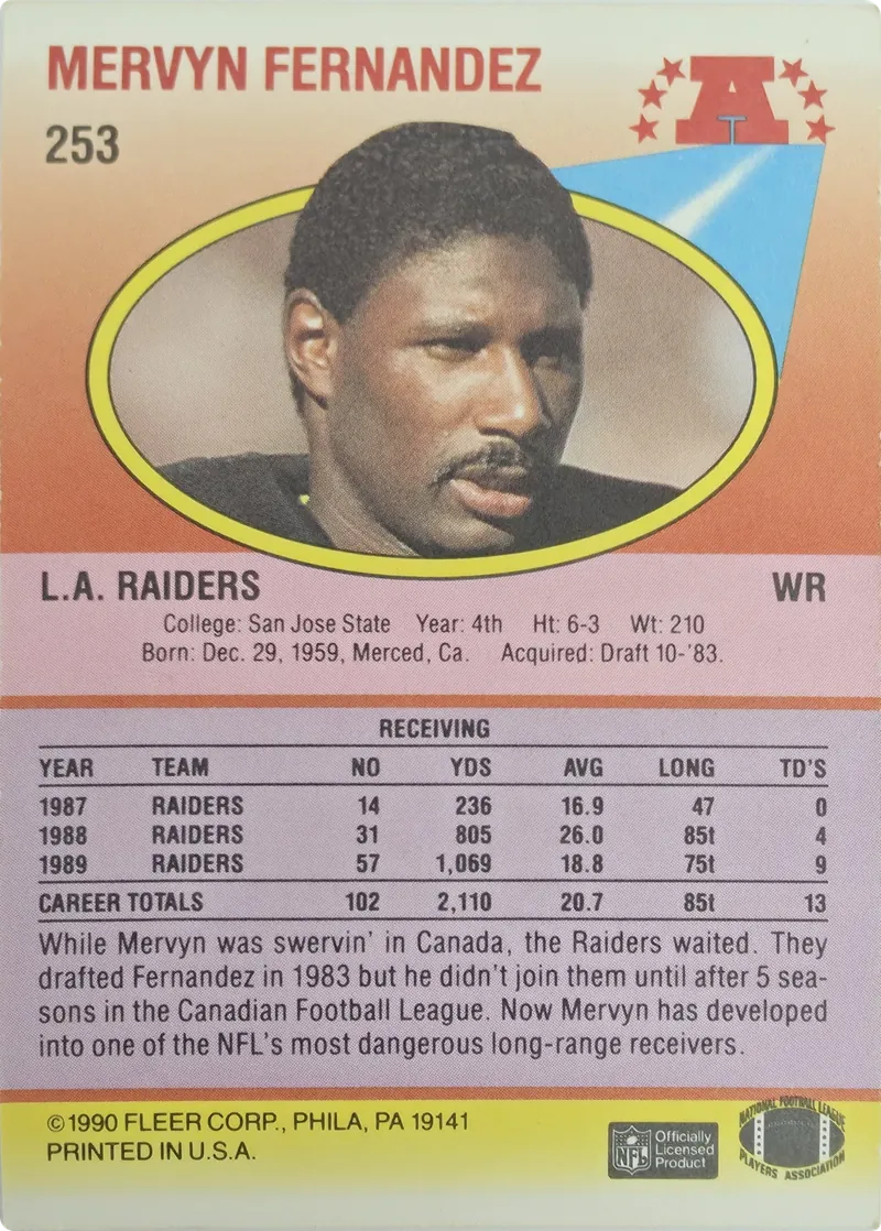 1990 Fleer Mervyn Fernandez #253, back