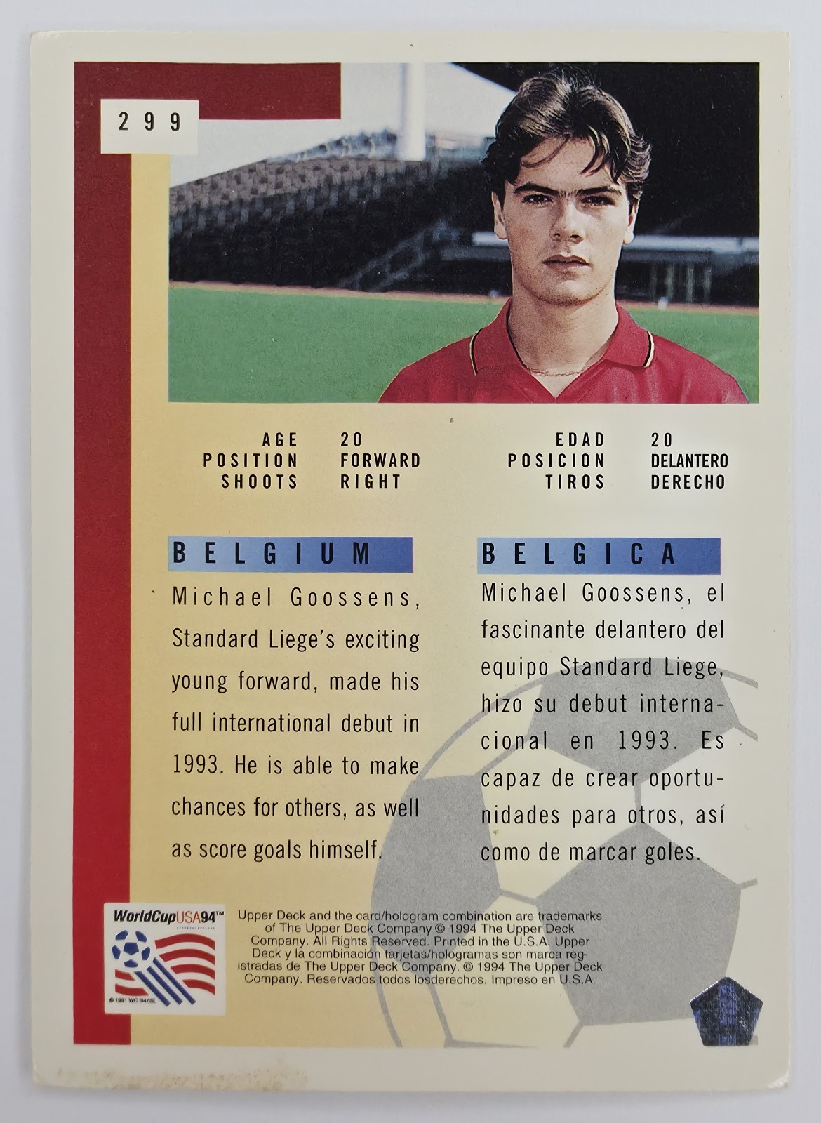 1994 Upper Deck World Cup English/Spanish Michael Goossens #299 Belgium Future Stars back