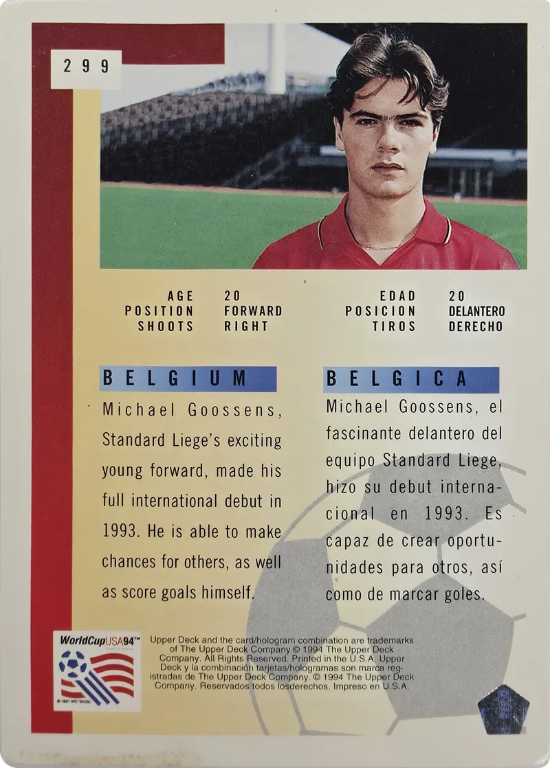 1994 Upper Deck World Cup English/Spanish Michael Goossens #299 Belgium Future Stars, back