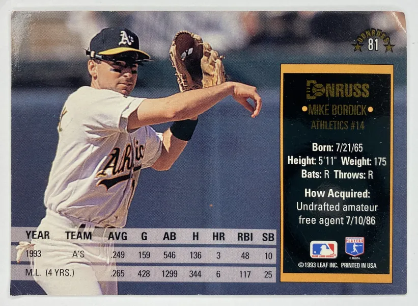 1994 Donruss Mike Bordick #81 Oakland Athletics back