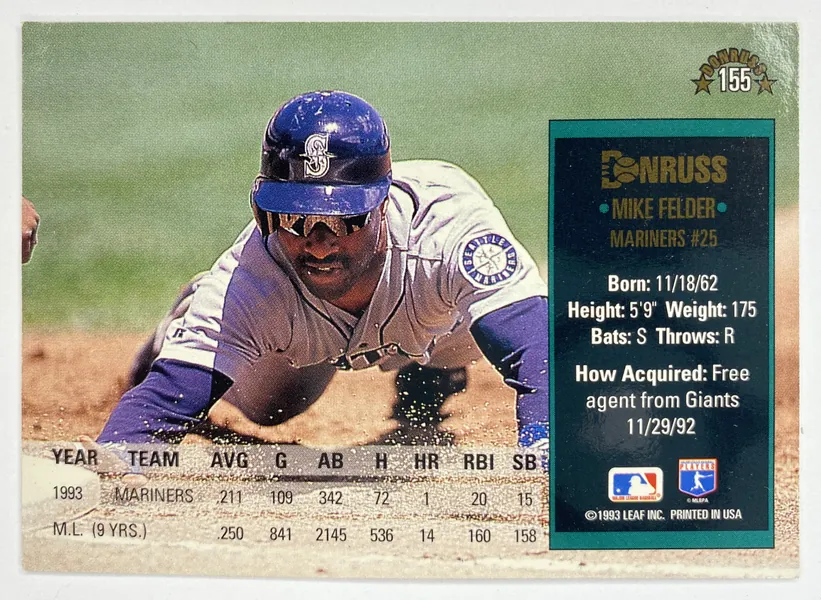 1994 Donruss Mike Felder #155 Seattle Mariners back