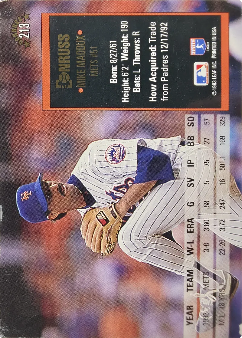 1994 Donruss Mike Maddux #213 New York Mets, back