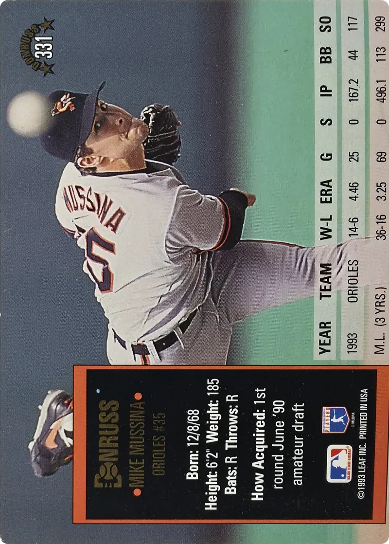 1994 Donruss Mike Mussina #331 Baltimore Orioles Hall of Famer, back