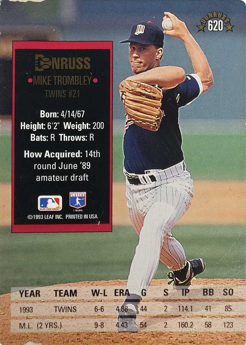 1994 Donruss Mike Trombley #620 Minnesota Twins, back