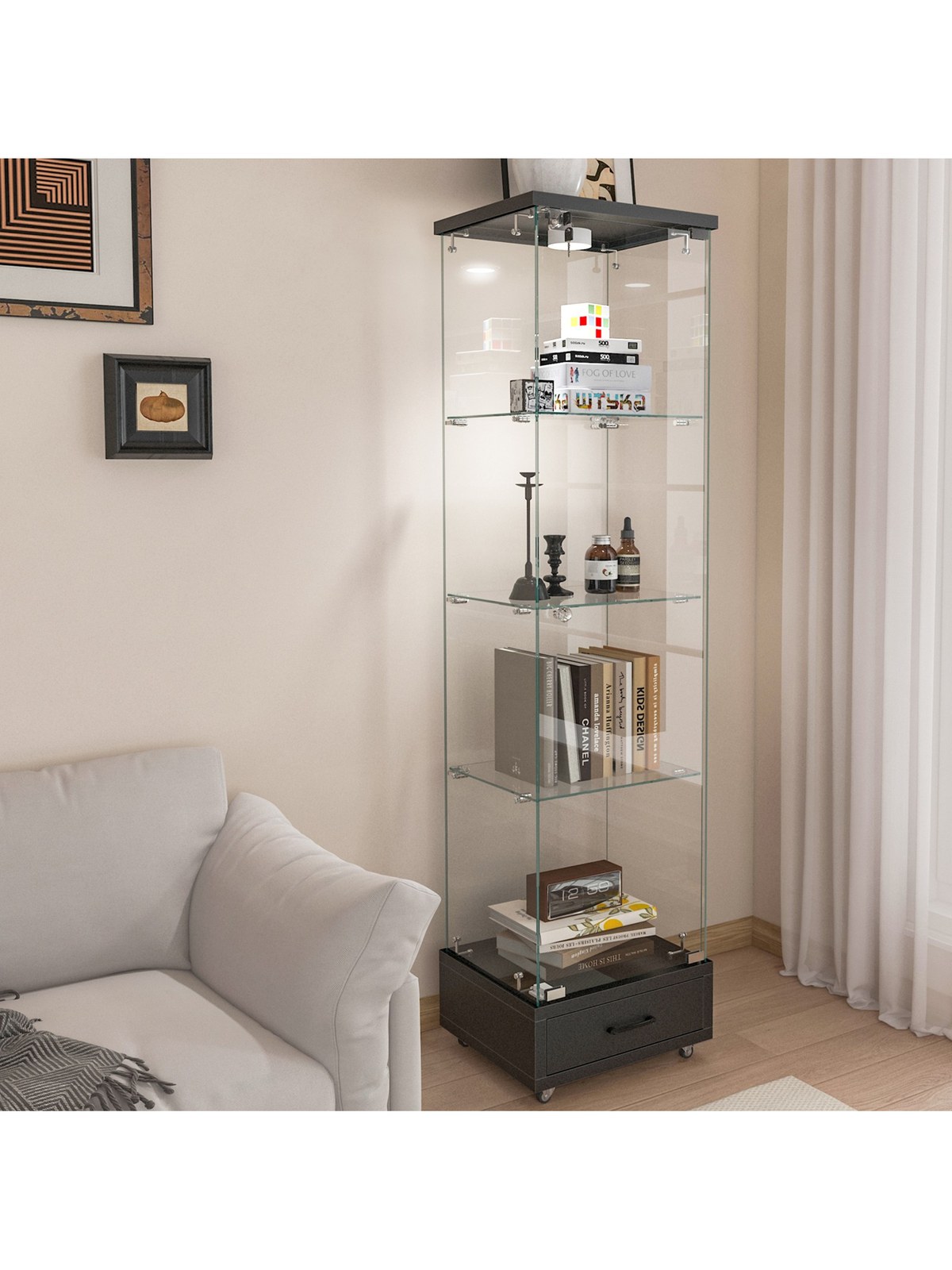 Modern Glass Display Cabinet with Drawer and LED Lighting, Black, photo 1