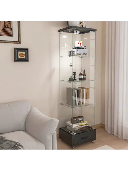Modern Glass Display Cabinet with Drawer and LED Lighting, Black, photo 1