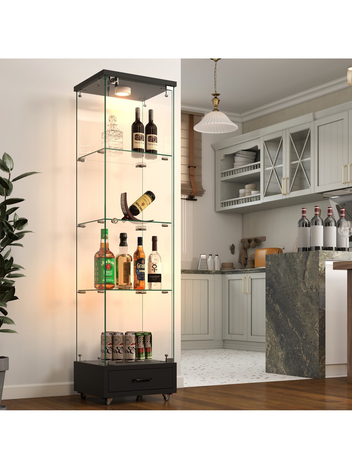 Modern Glass Display Cabinet with Drawer and LED Lighting, Black, photo 2