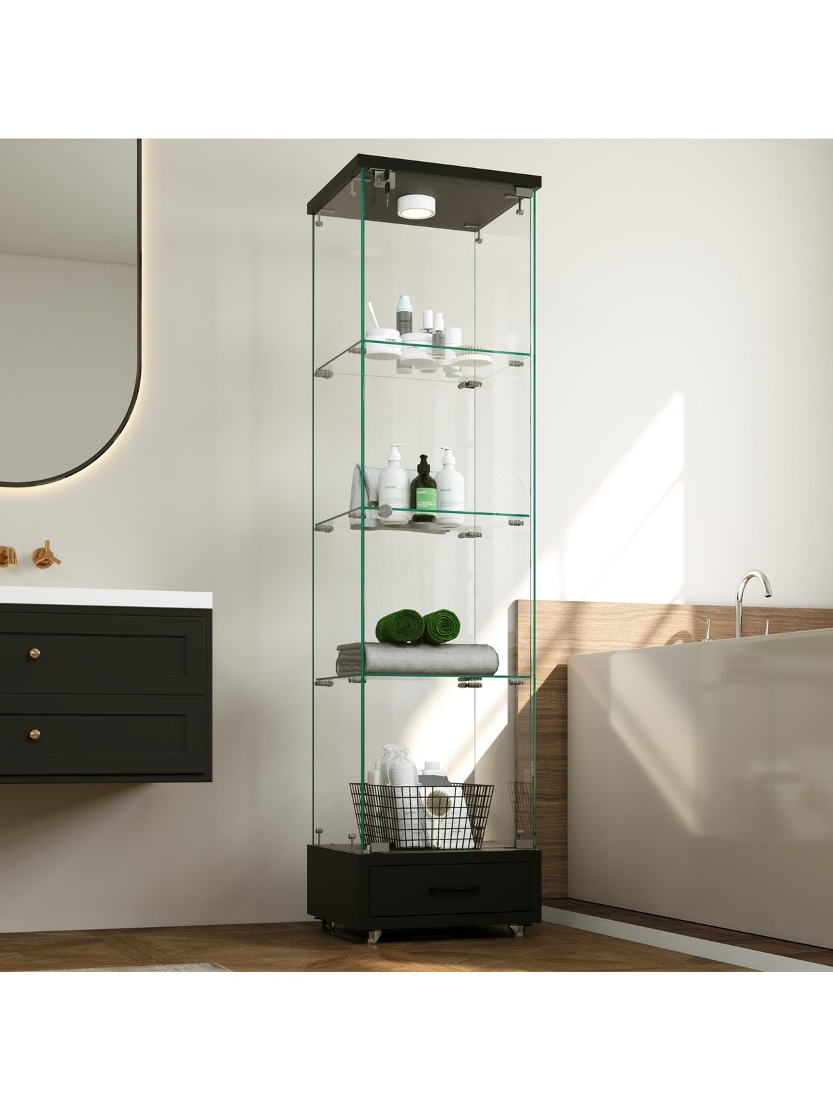 Modern Glass Display Cabinet with Drawer and LED Lighting, Black, photo 3