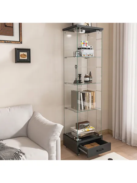 Modern Glass Display Cabinet with Drawer and LED Lighting, Black, photo 4