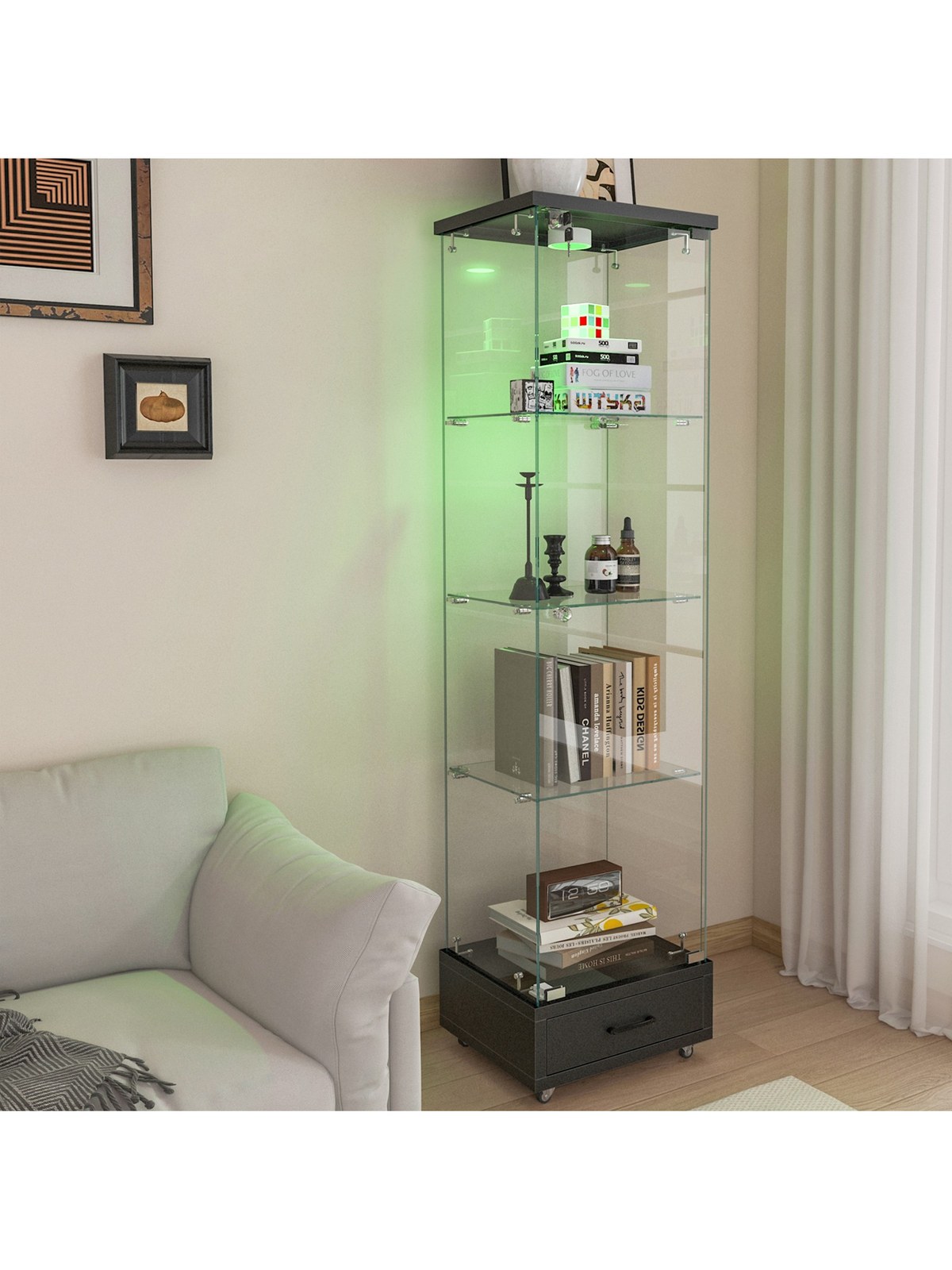 Modern Glass Display Cabinet with Drawer and LED Lighting, Black, photo 5