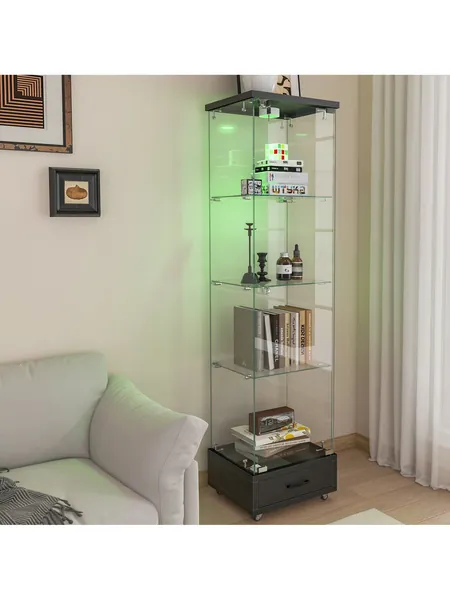 Modern Glass Display Cabinet with Drawer and LED Lighting, Black, photo 5