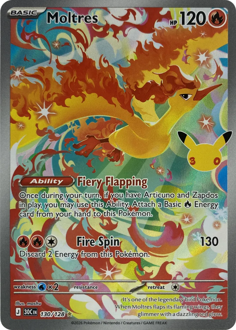 2026 Pokemon 30th Celebration Moltres #130/128 Illustration Rare Holo front