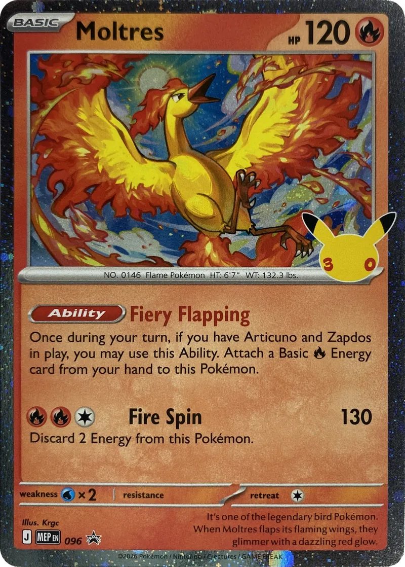 2026 Pokemon MEP Black Star Promo Moltres #096 30th Celebration Holo front