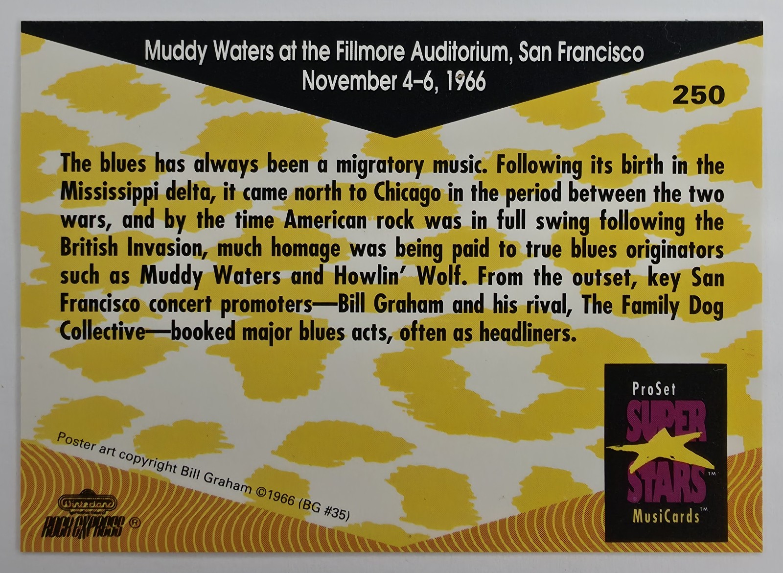 1991 Pro Set SuperStars MusiCards Muddy Waters Fillmore 1966 #250 Historic Concerts back
