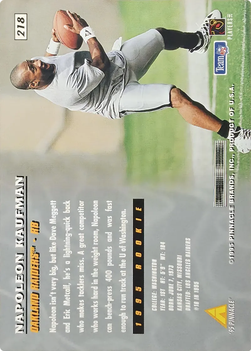 1995 Pinnacle Napoleon Kaufman #218 Rookie, back