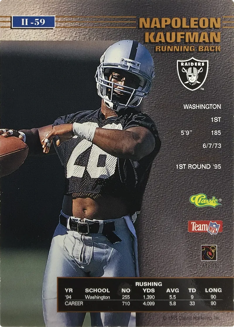 1995 Classic Pro Line Napoleon Kaufman #II-59 Rookie, back