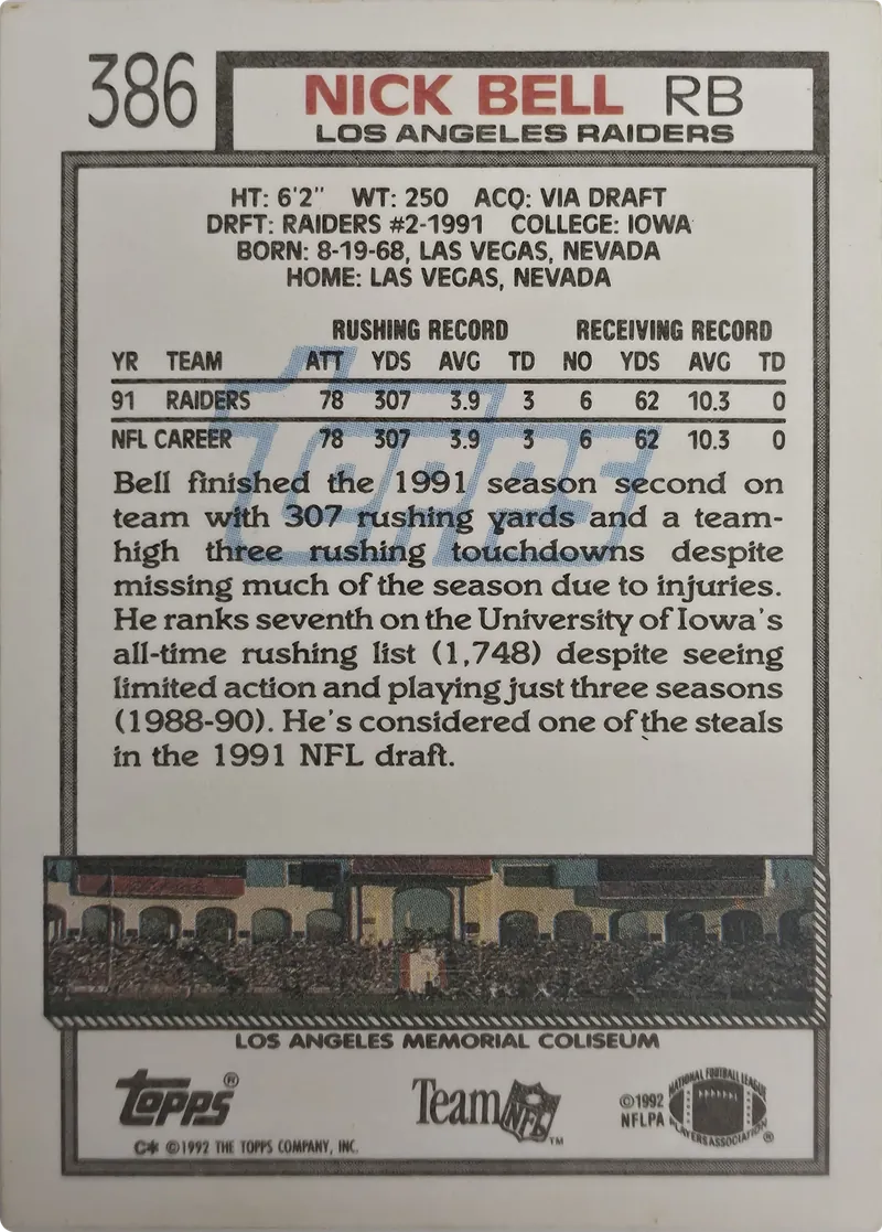 1992 Topps Nick Bell #386, back