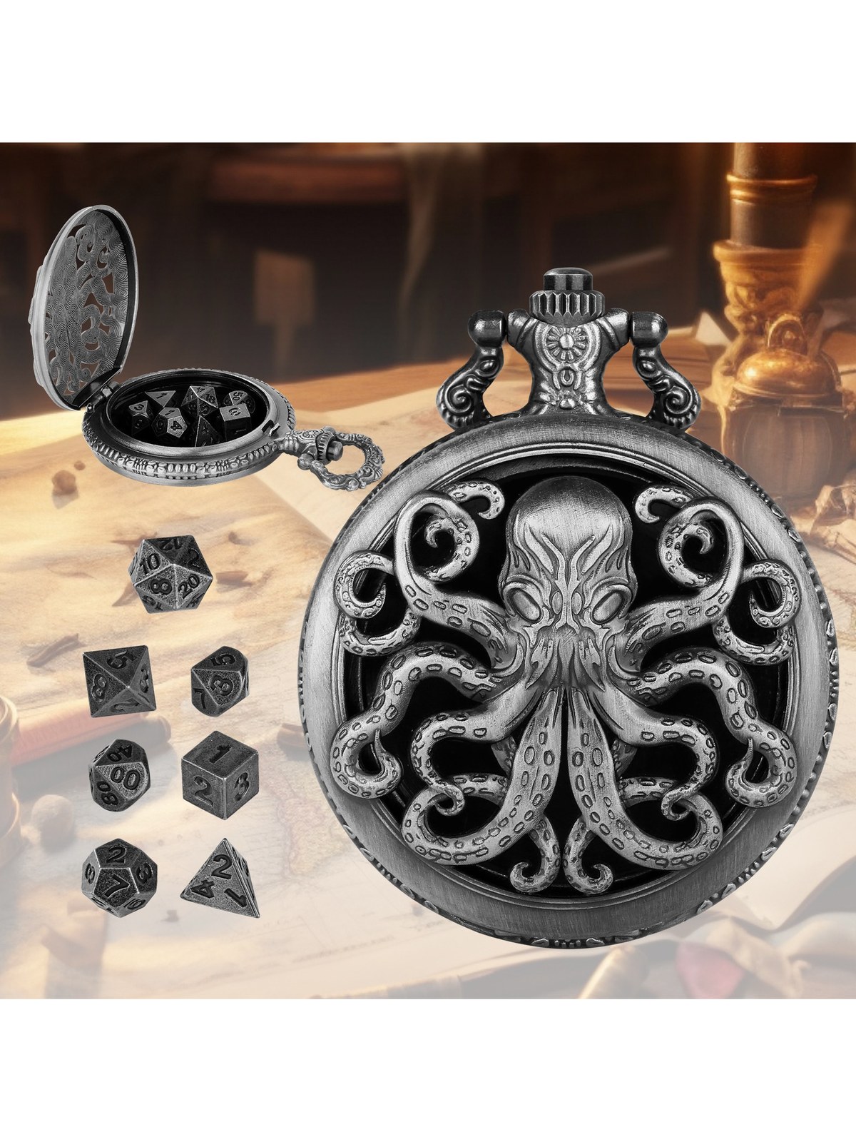 Octopus Locket Dice Case, Thick Chain, 7-Piece Metal Polyhedral Set, photo 2