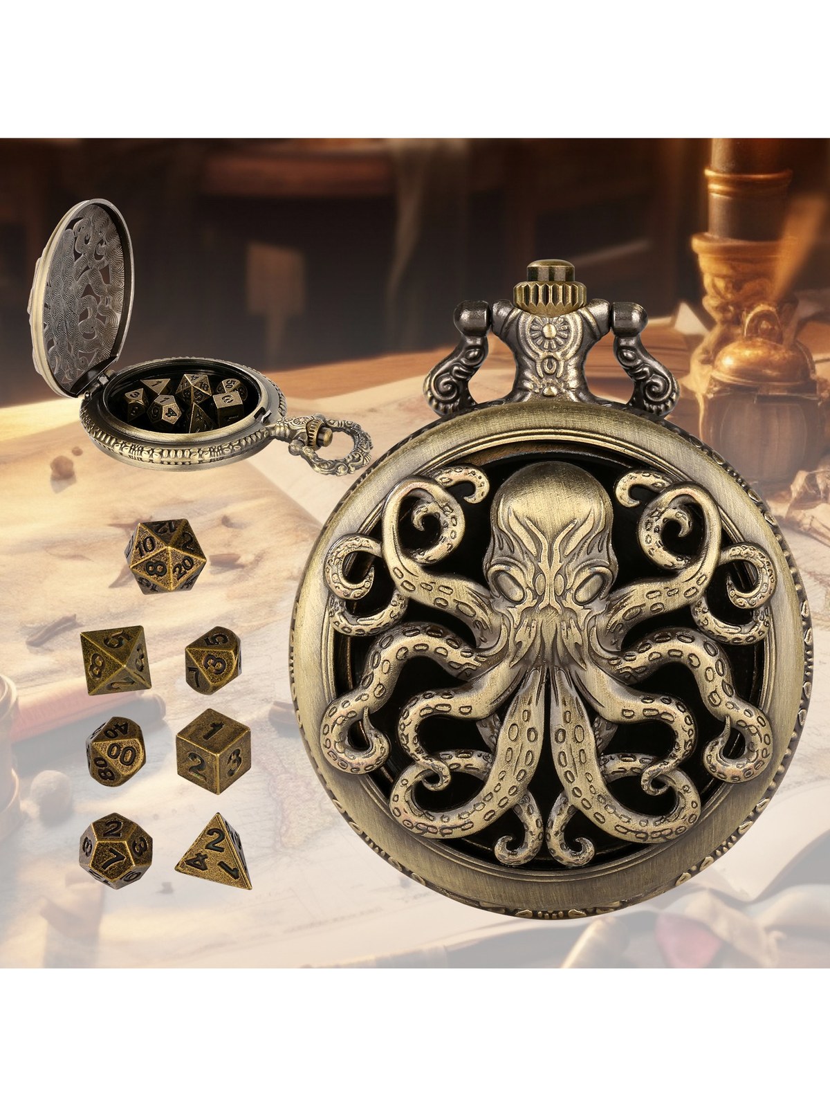 Octopus Locket Dice Case, Thick Chain, 7-Piece Metal Polyhedral Set, photo 3