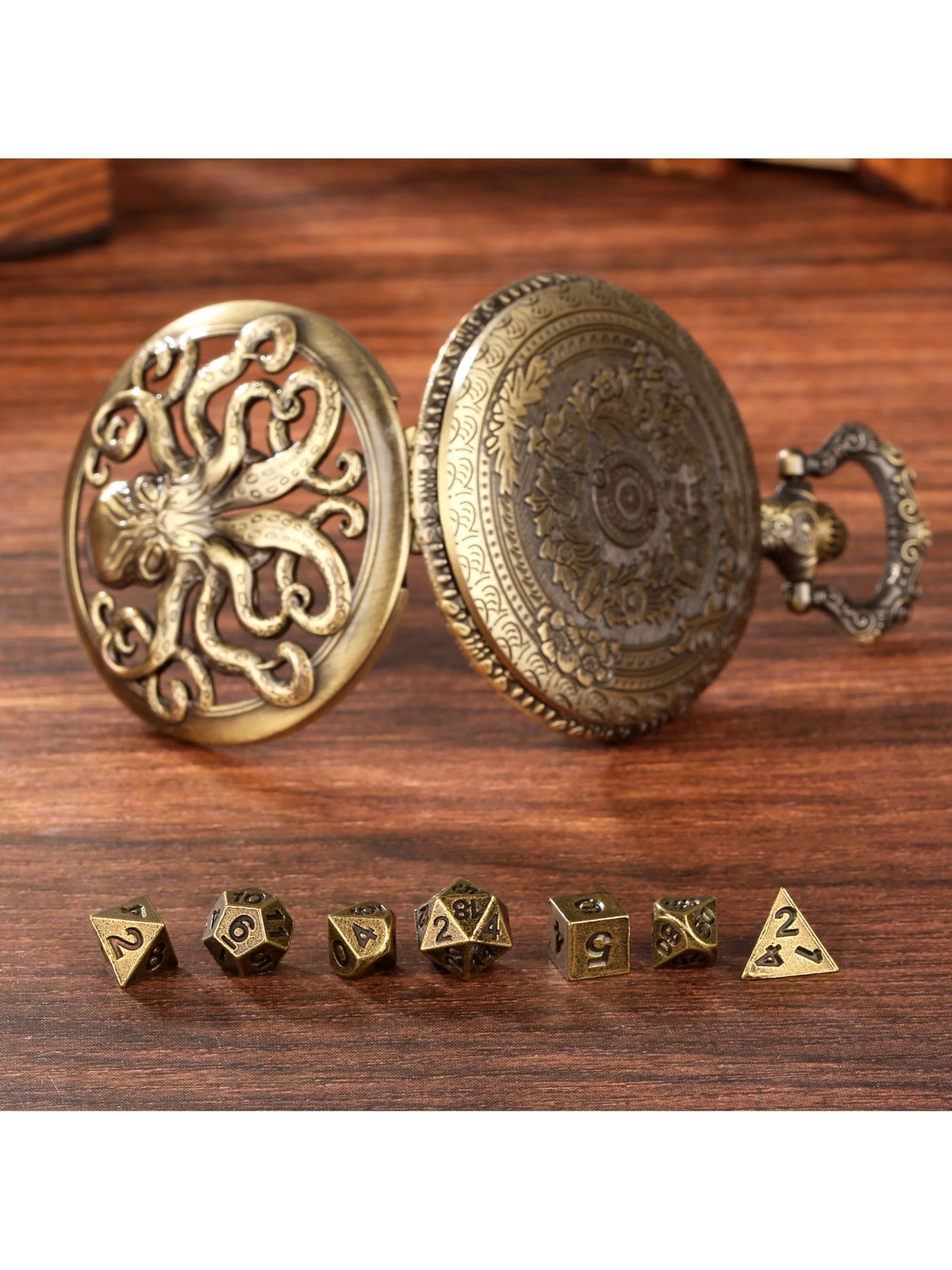 Octopus Locket Dice Case, Thick Chain, 7-Piece Metal Polyhedral Set, photo 4