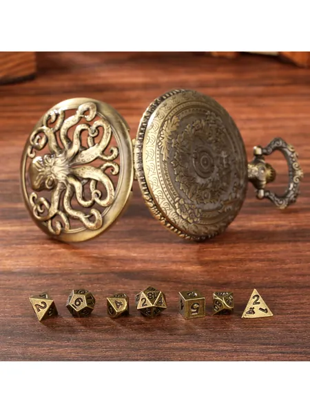 Octopus Locket Dice Case, Thick Chain, 7-Piece Metal Polyhedral Set, photo 4