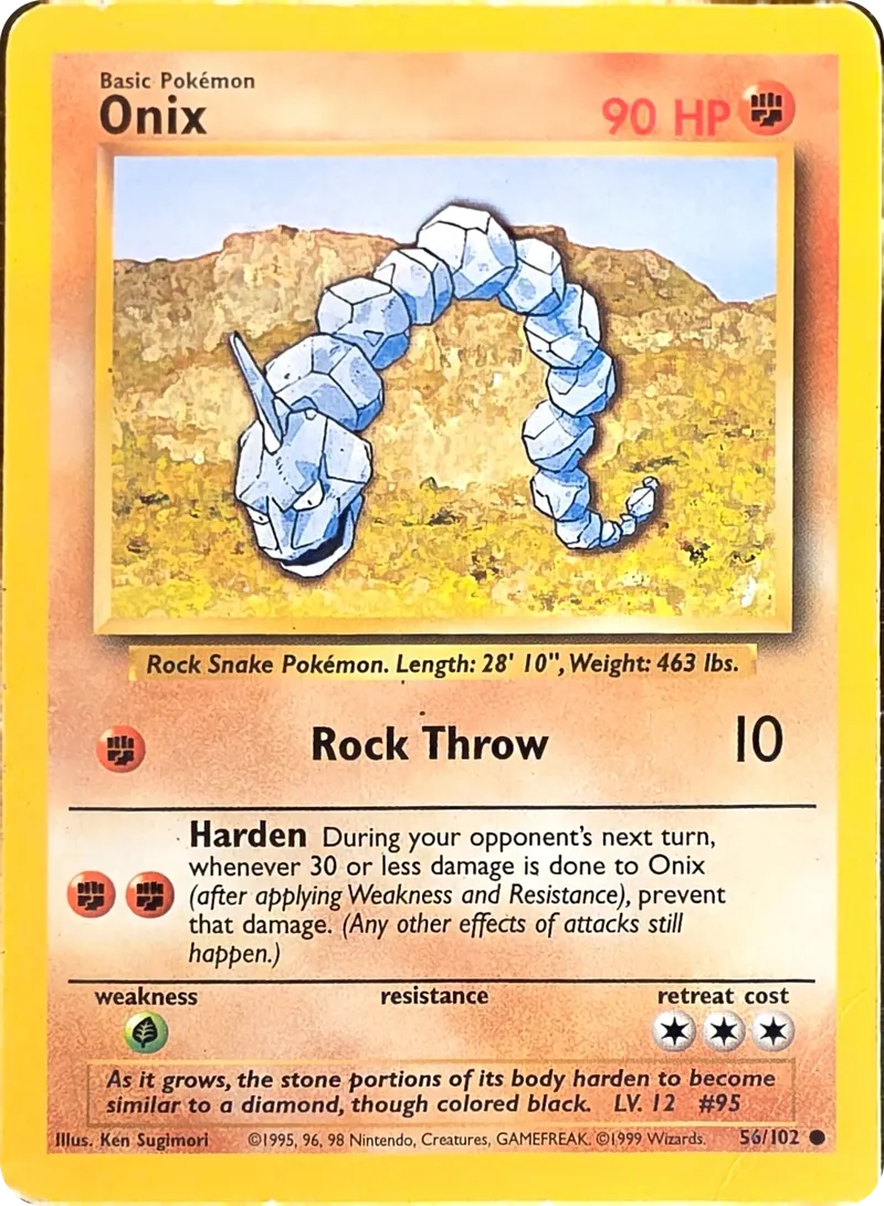 1999 Pokemon Base Set Onix #56/102 Unlimited Common, front