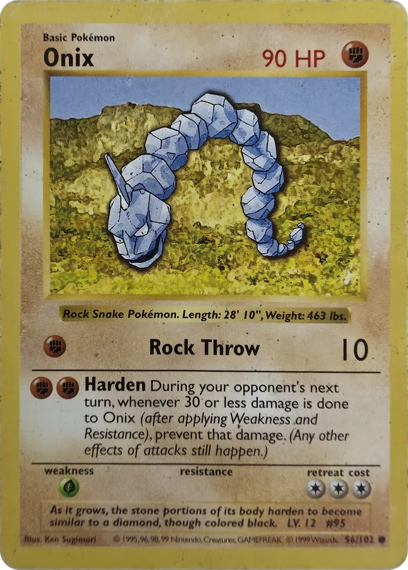 1999 Pokemon Base Set Onix #56/102 Shadowless Common, front