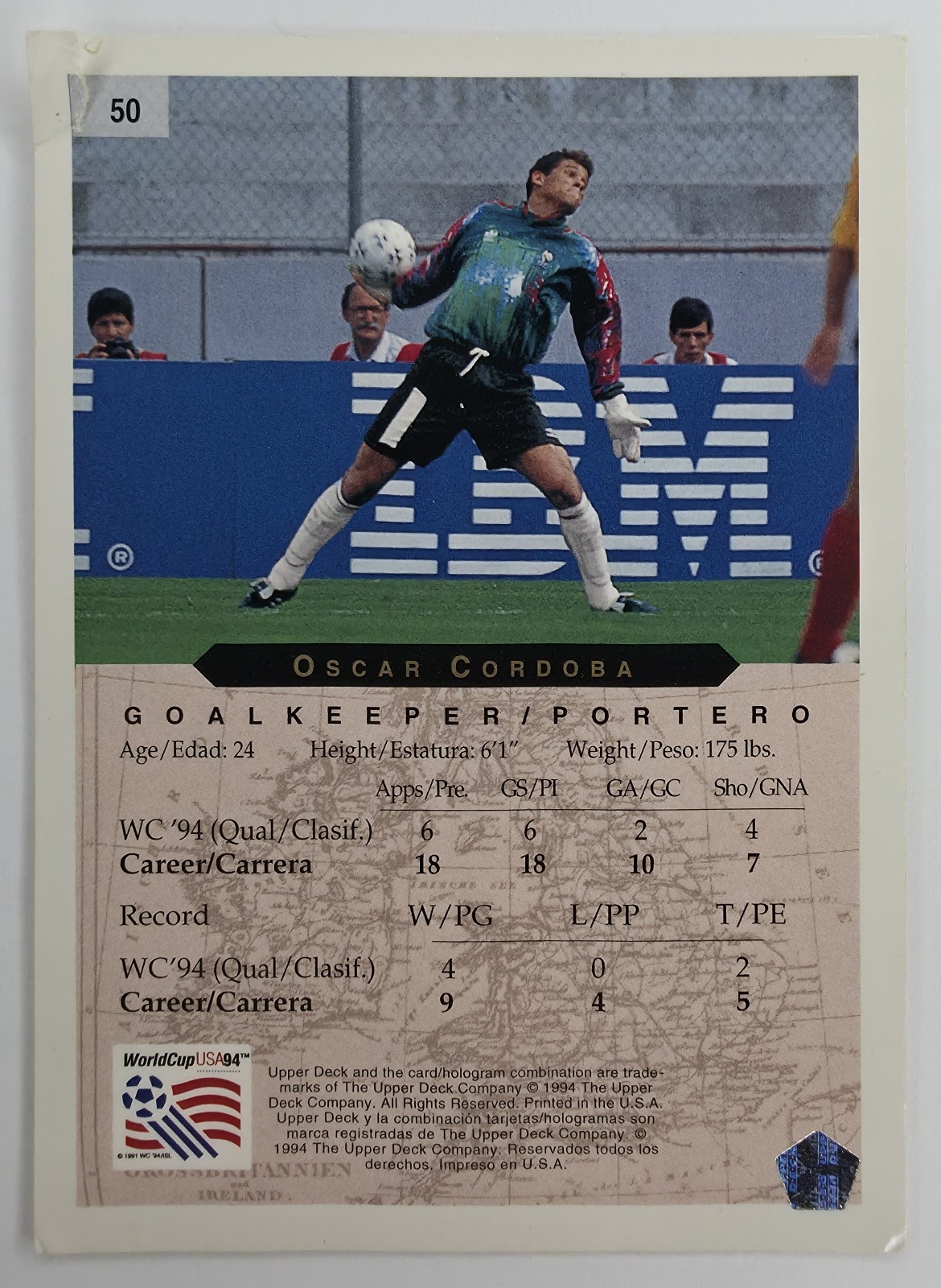 1994 Upper Deck World Cup English/Spanish Oscar Cordoba #50 Colombia back