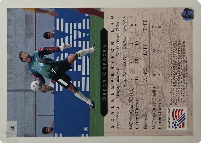 1994 Upper Deck World Cup English/Spanish Oscar Cordoba #50 Colombia, back