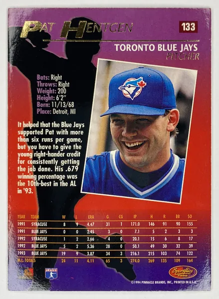 1994 Sportflics 2000 Pat Hentgen #133 Toronto Blue Jays back