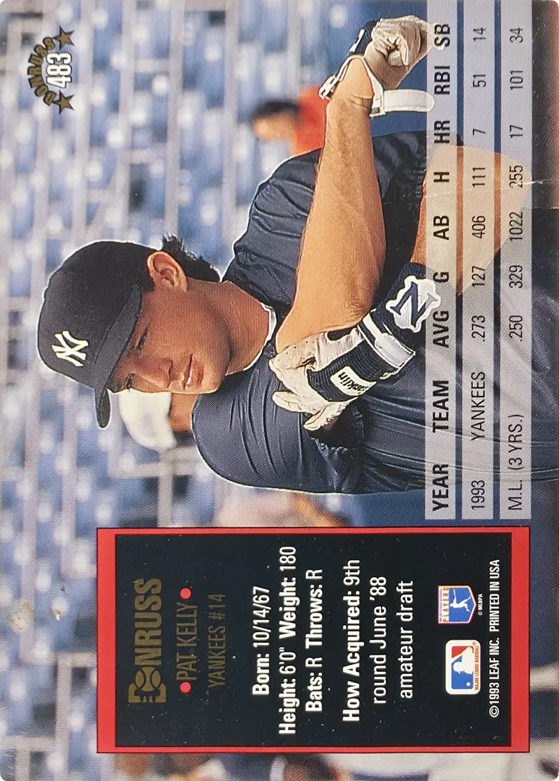 1994 Donruss Pat Kelly #483 New York Yankees, back