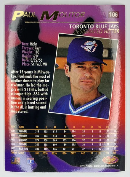 1994 Sportflics 2000 Paul Molitor #106 Toronto Blue Jays back