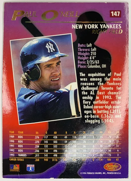 1994 Sportflics 2000 Paul O'Neill #147 New York Yankees back