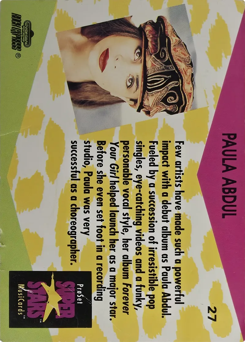 1991 Pro Set SuperStars MusiCards Paula Abdul #27, back