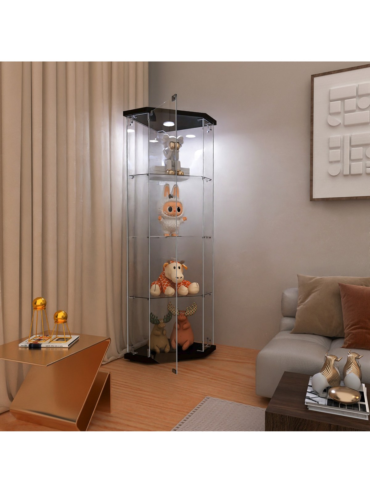 Pentagon Glass Display Cabinet with LED Light, 4 Shelves, photo 4