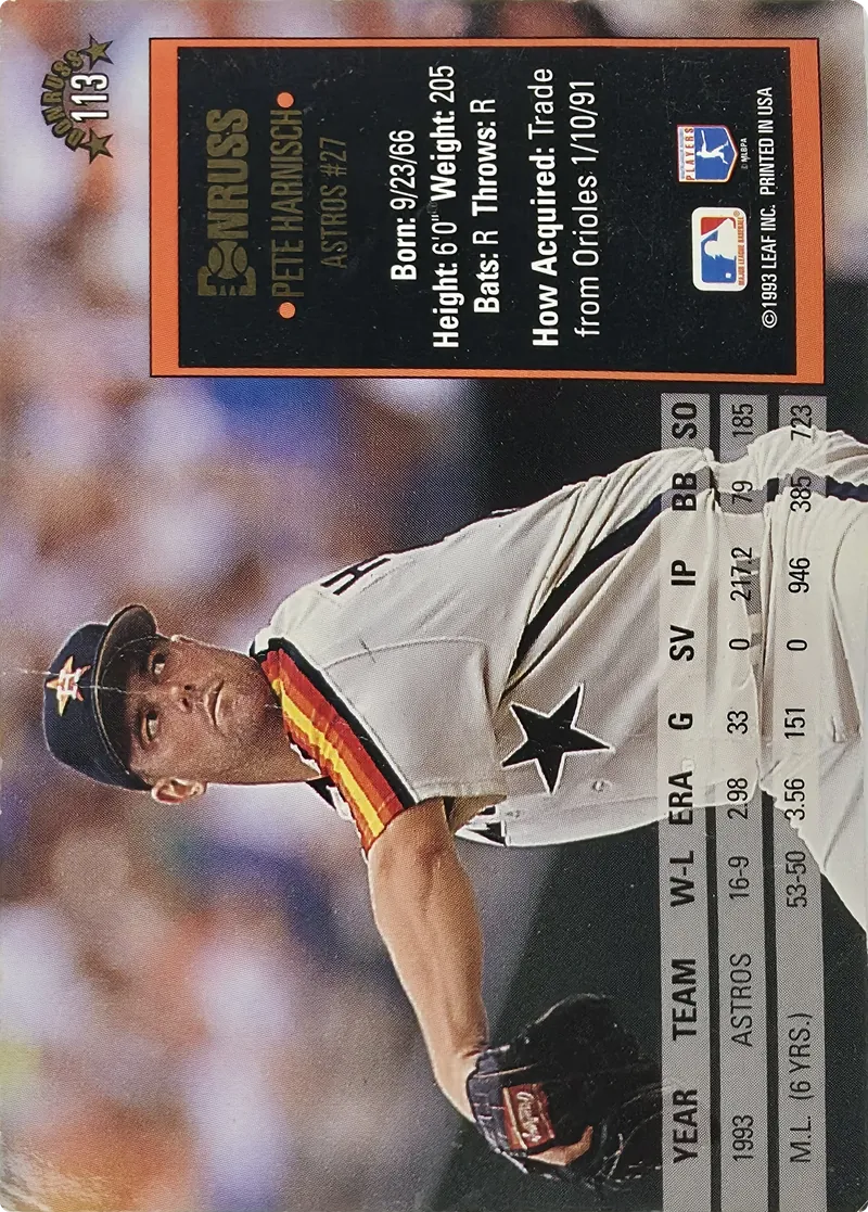 1994 Donruss Pete Harnisch #113 Houston Astros, back