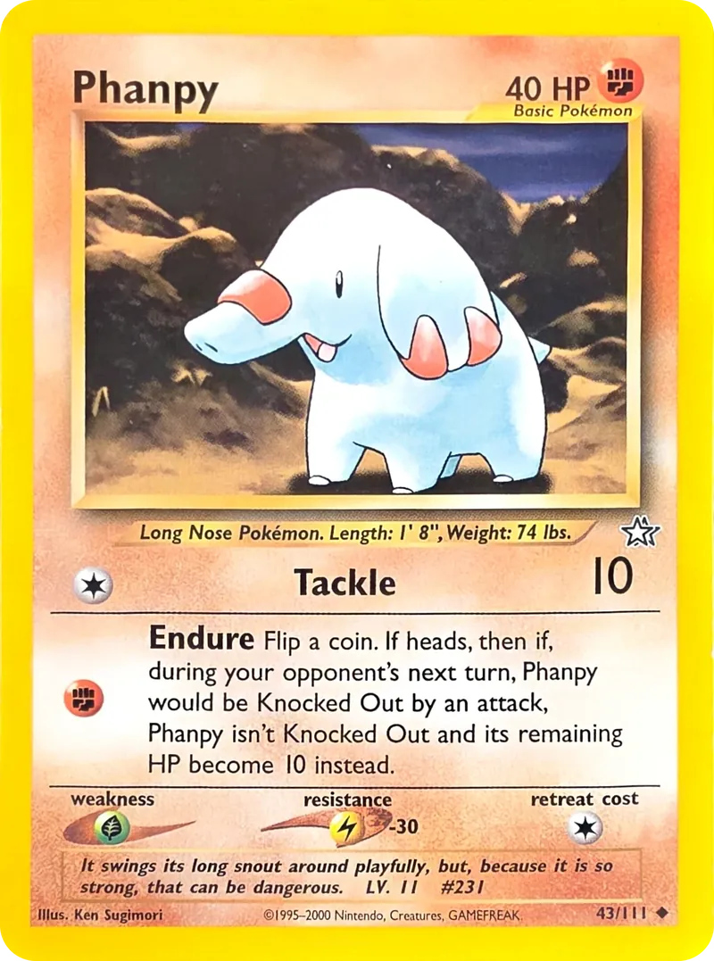 2000 Pokemon Neo Genesis Phanpy #43/111 Unlimited Uncommon, front