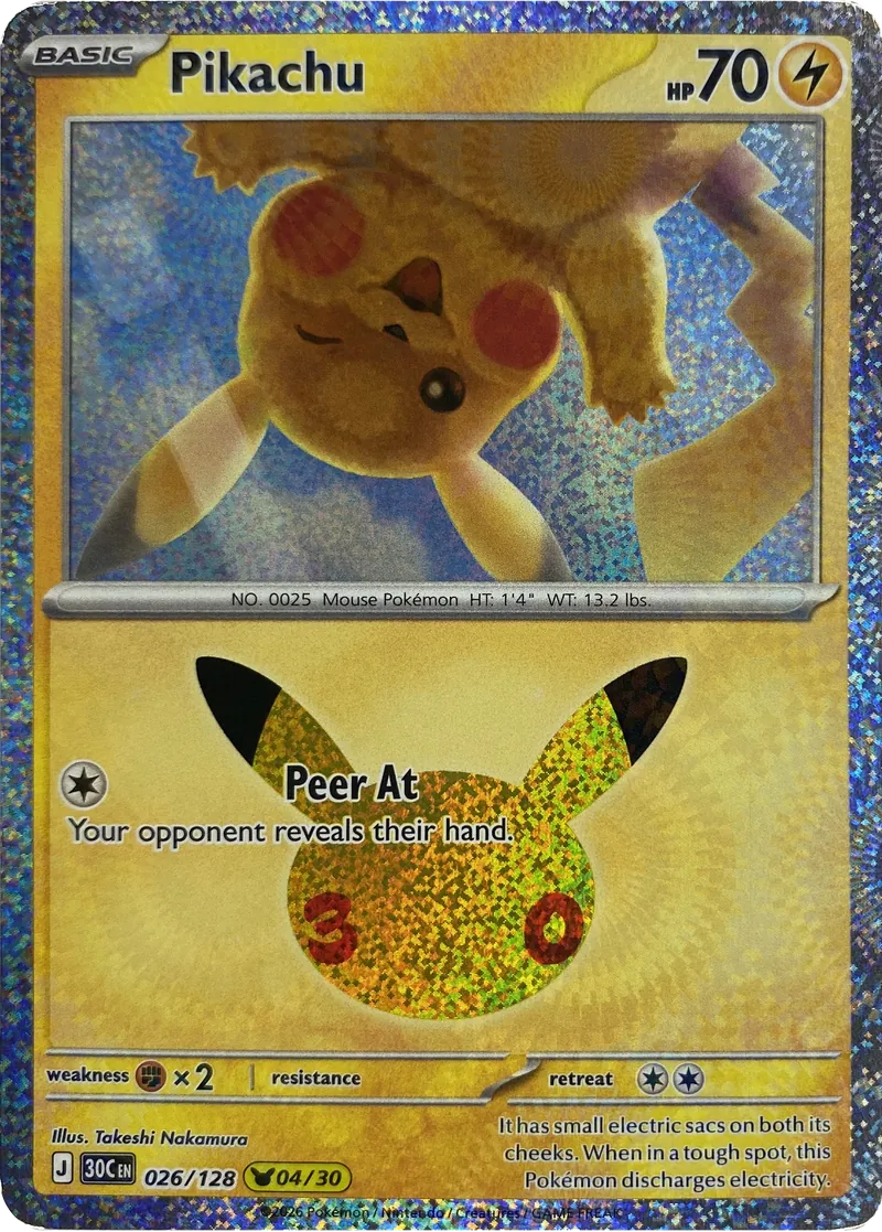 2026 Pokemon 30th Celebration Pikachu #026/128 Peer At front