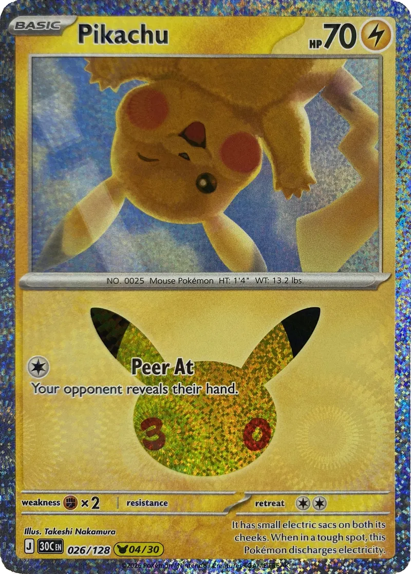 2026 Pokemon 30th Celebration Pikachu #026/128 Peer At front
