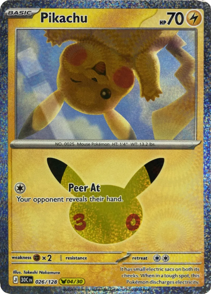 2026 Pokemon 30th Celebration Pikachu #026/128 Peer At front
