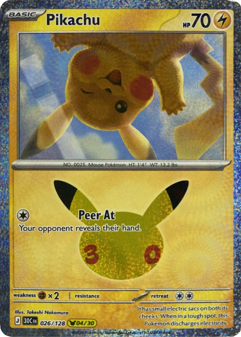 2026 Pokemon 30th Celebration Pikachu #026/128 Peer At front