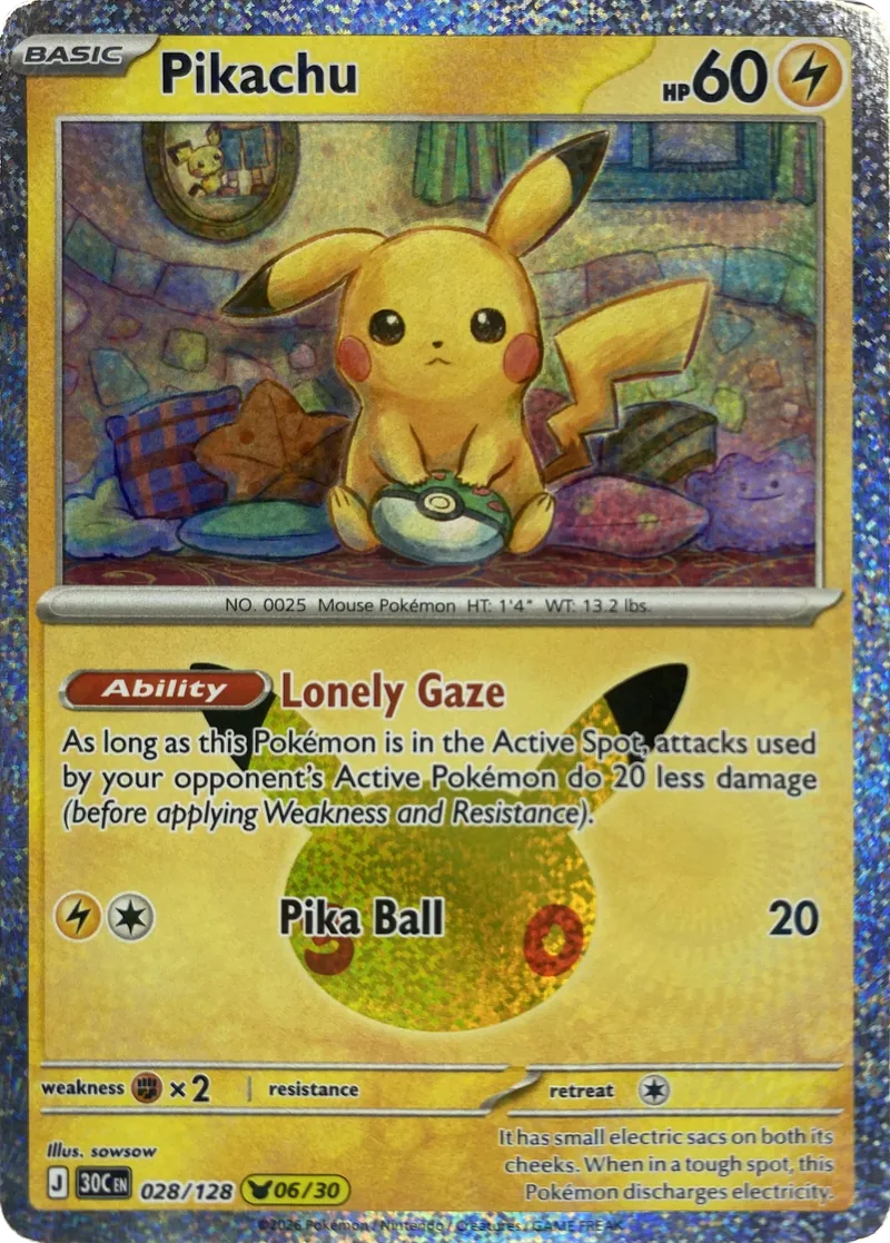 2026 Pokemon 30th Celebration Pikachu #028/128 Lonely Gaze front
