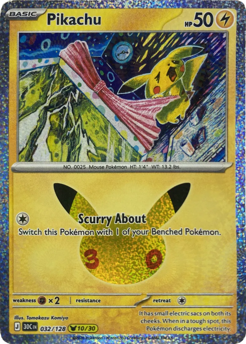 2026 Pokemon 30th Celebration Pikachu #032/128 Scurry About front