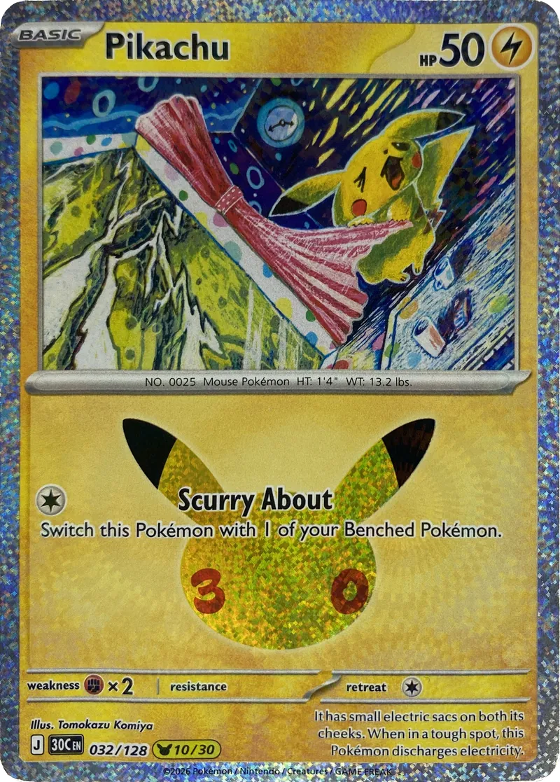 2026 Pokemon 30th Celebration Pikachu #032/128 Scurry About front