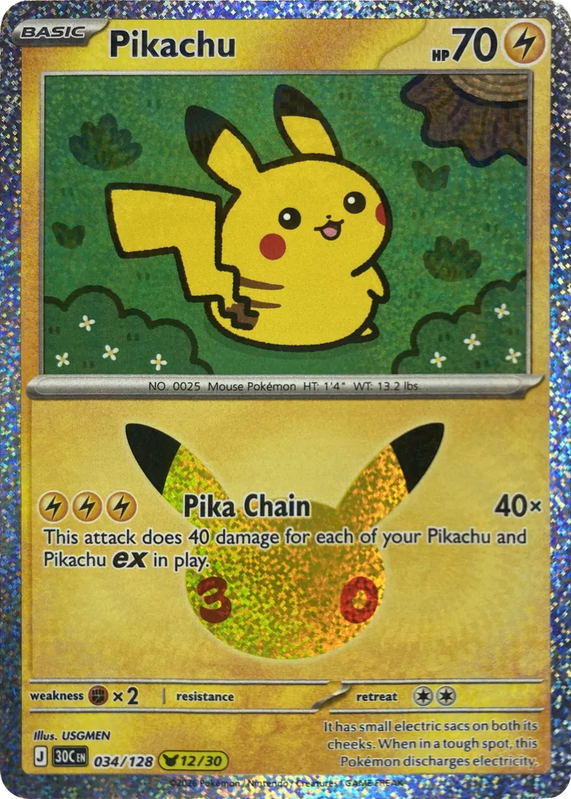 2026 Pokemon 30th Celebration Pikachu #034/128 Pika Chain front