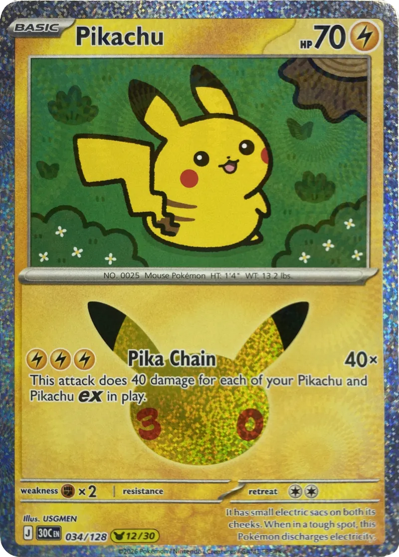 2026 Pokemon 30th Celebration Pikachu #034/128 Pika Chain front