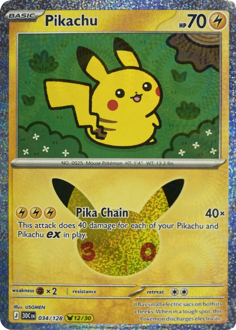2026 Pokemon 30th Celebration Pikachu #034/128 Pika Chain front