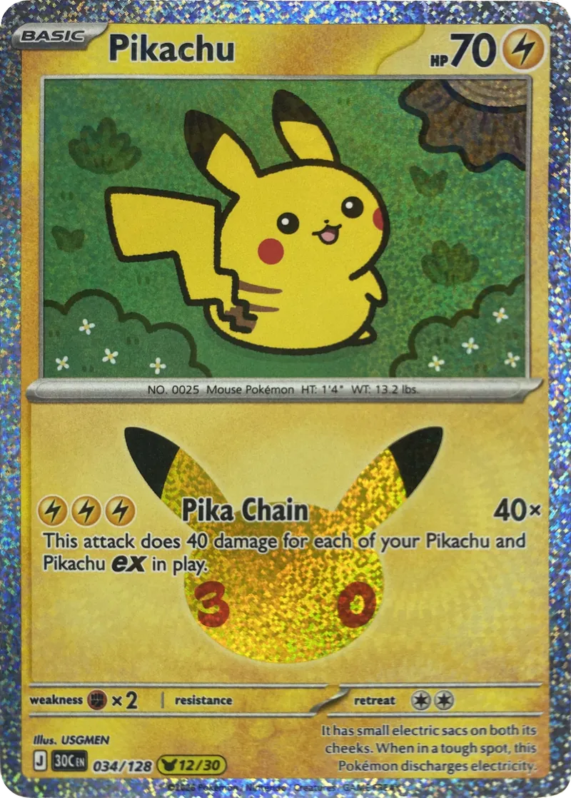 2026 Pokemon 30th Celebration Pikachu #034/128 Pika Chain front