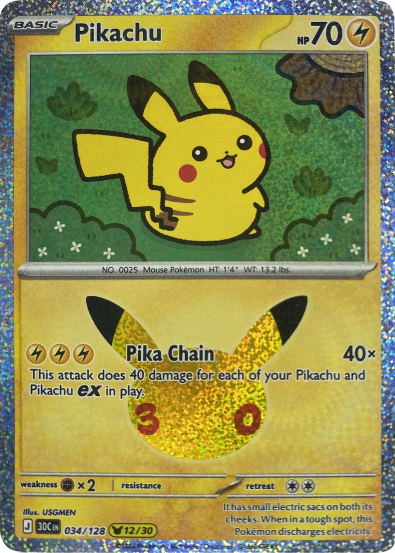 2026 Pokemon 30th Celebration Pikachu #034/128 Pika Chain front