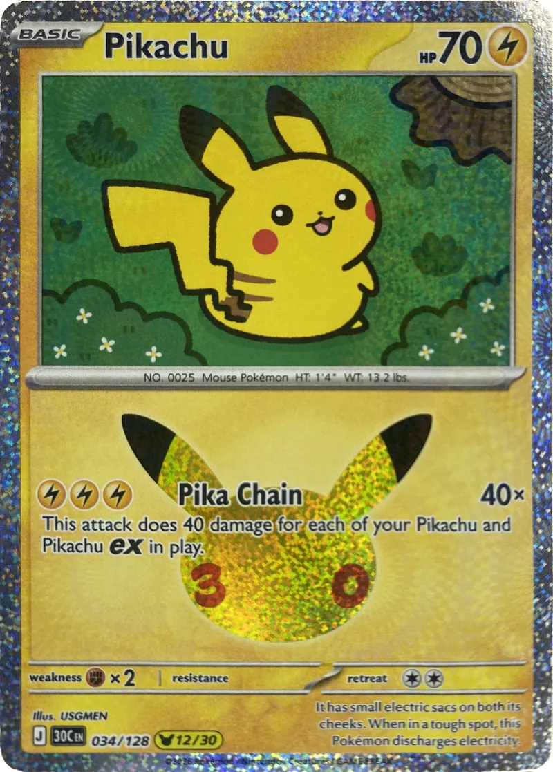2026 Pokemon 30th Celebration Pikachu #034/128 Pika Chain front